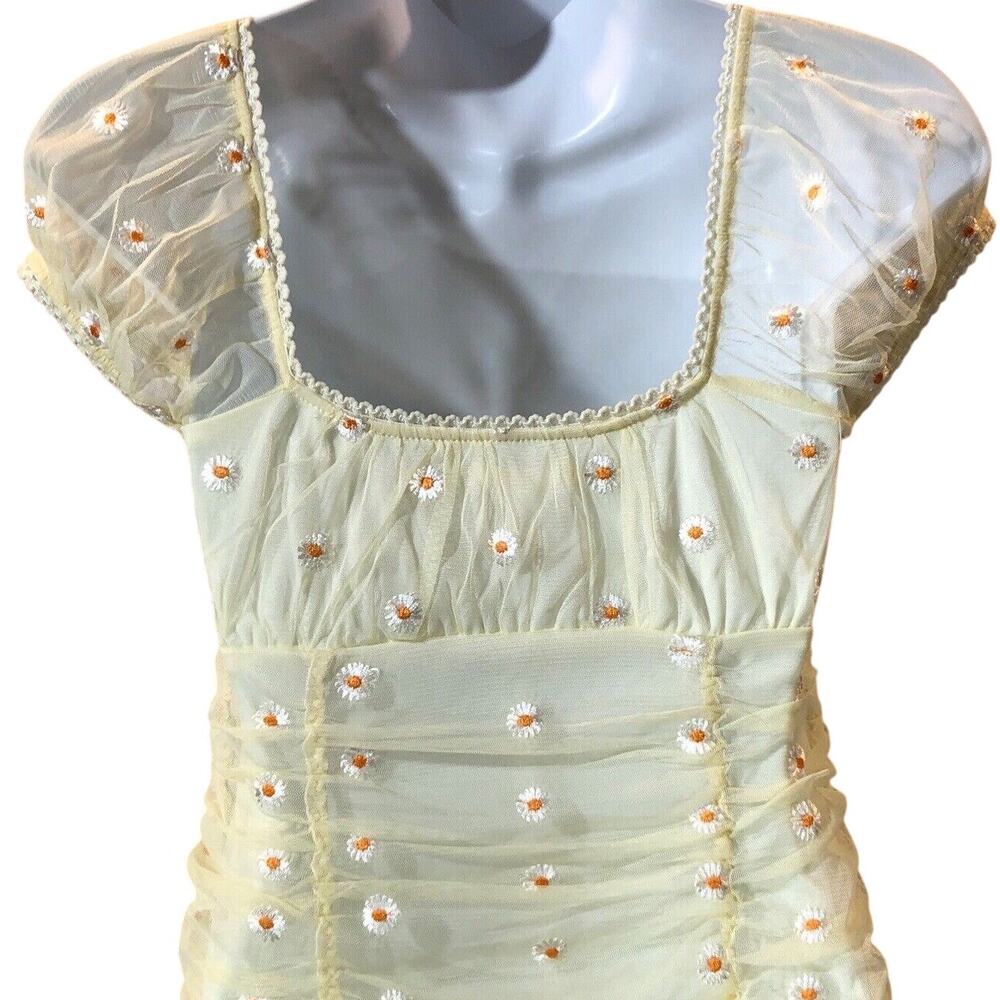 Yellow Daisy Ruched Mesh Mini Dress Small NEW Coquette Cottagecore Y2K FairyCore - Picture 7 of 12